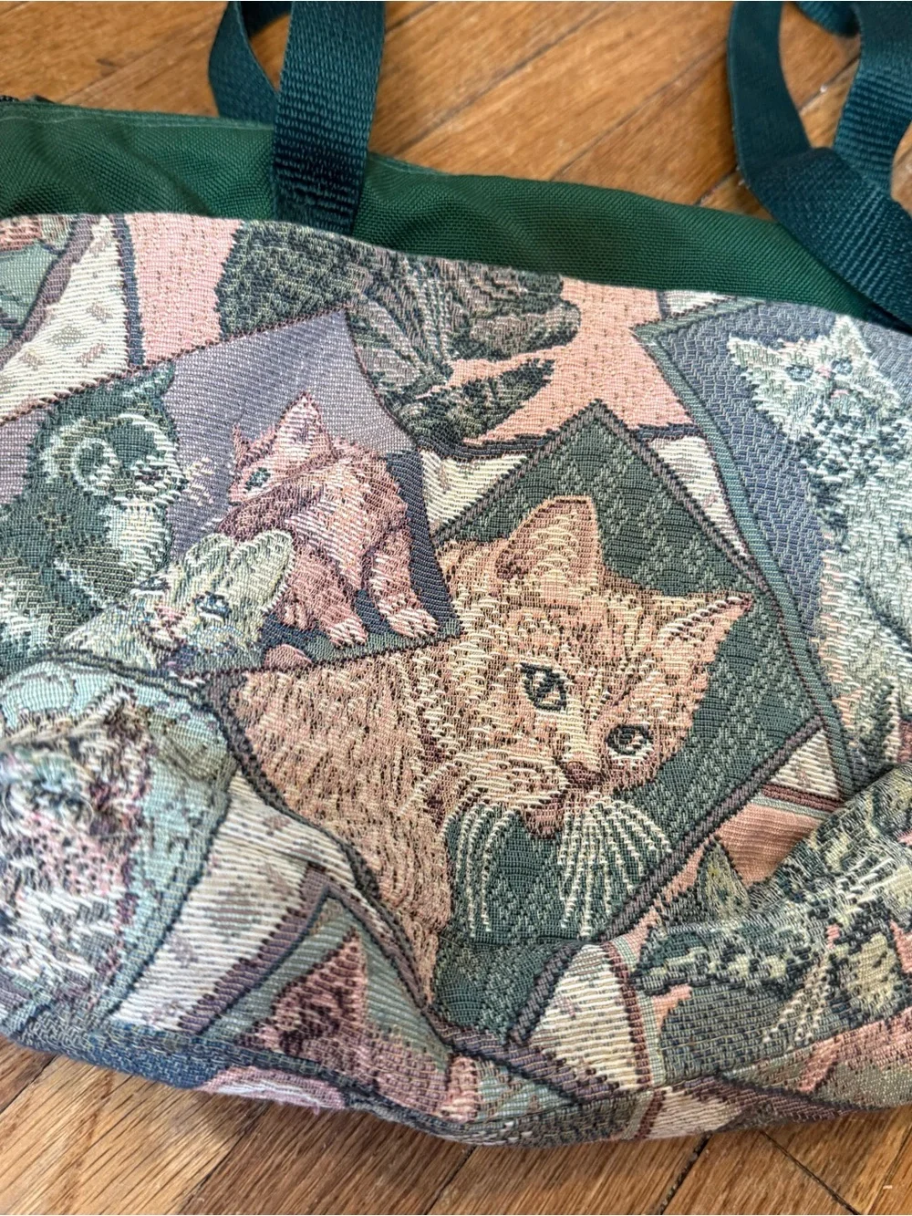Vintage Green Cat Tapestry Tote Bag Purse